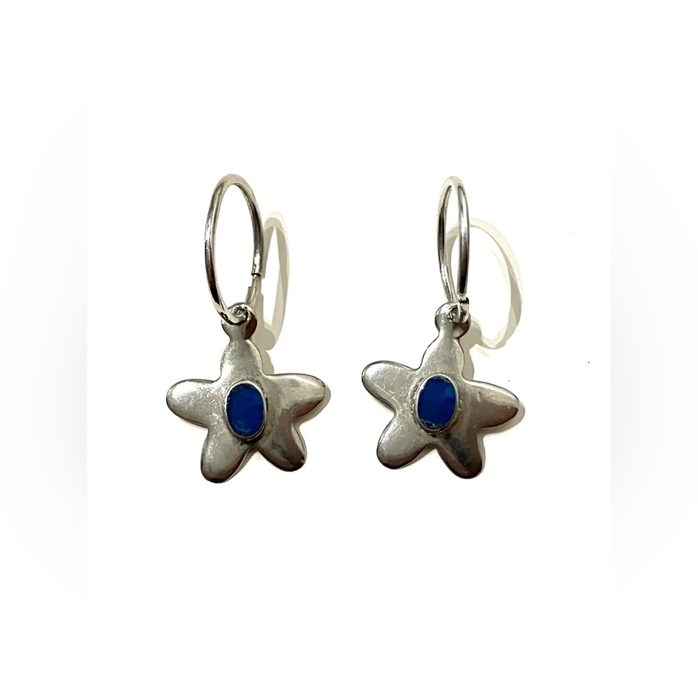 Silver Tone Blue Stone Star Hoop Earrings